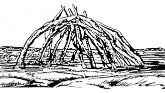 Obr. 1: Chýše pračlověka (120 000&ndash;40 000 př. n. l.)